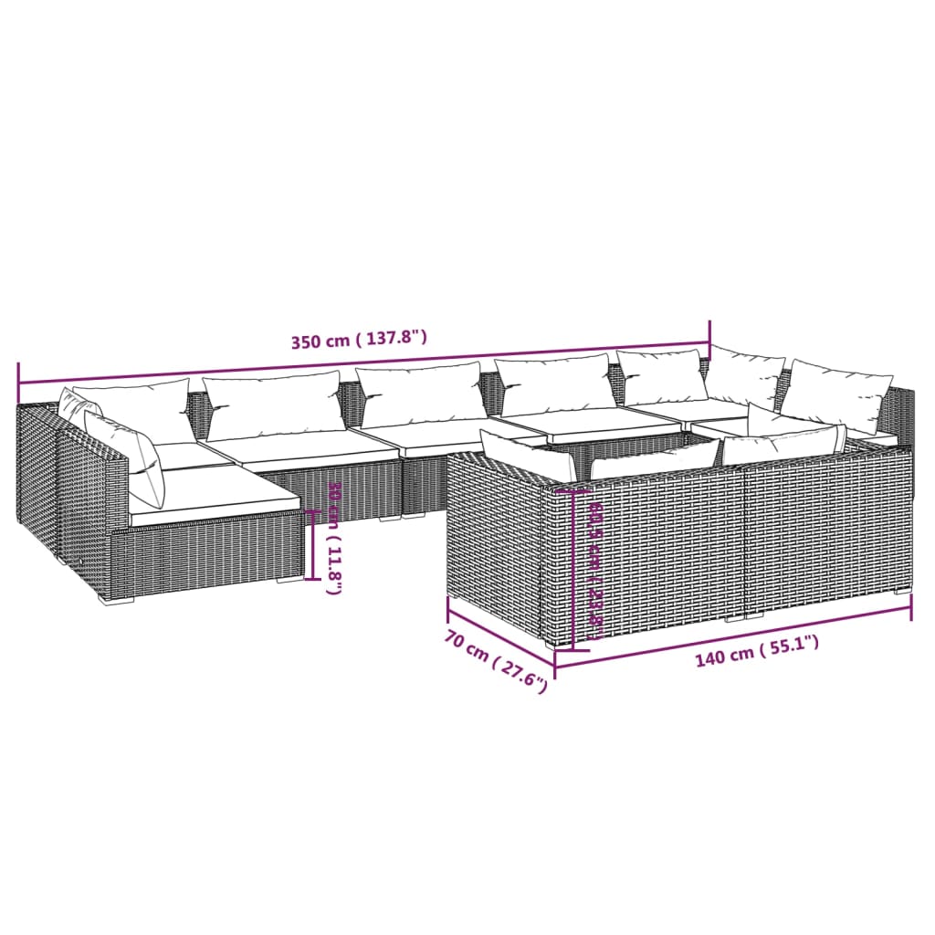 Set Divani da Giardino 9 pz con Cuscini in Polyrattan Grigio