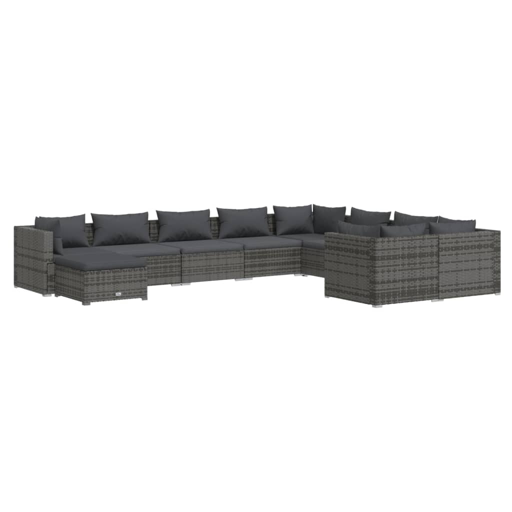 Set Divani da Giardino 10 pz con Cuscini in Polyrattan Grigio