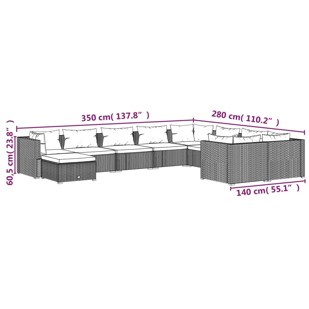 Set Divani da Giardino 10 pz con Cuscini in Polyrattan Grigio