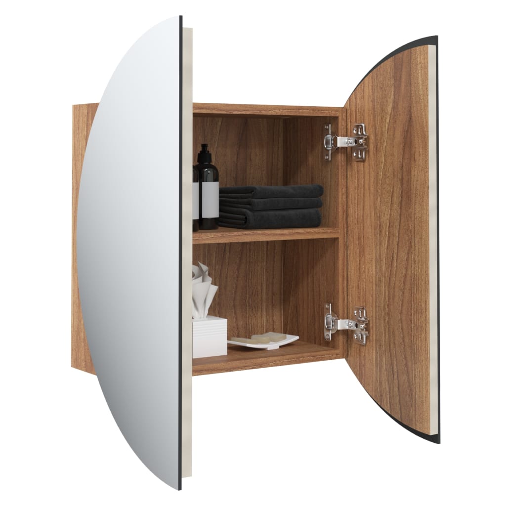 Armadio da Bagno con Specchio Rotondo e LED Rovere 47x47x17,5cm