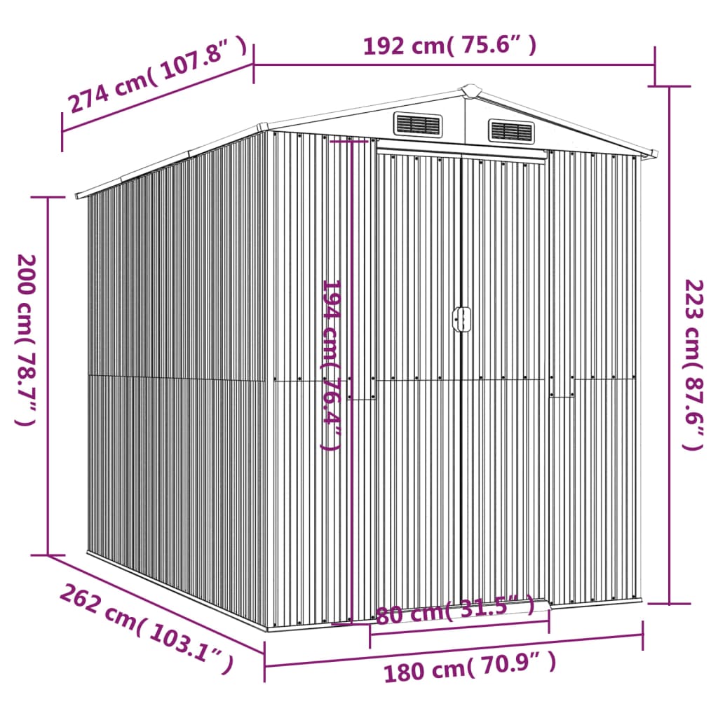 Capanno da Giardino Grigio Chiaro 192x274x223cm Acciaio Zincato