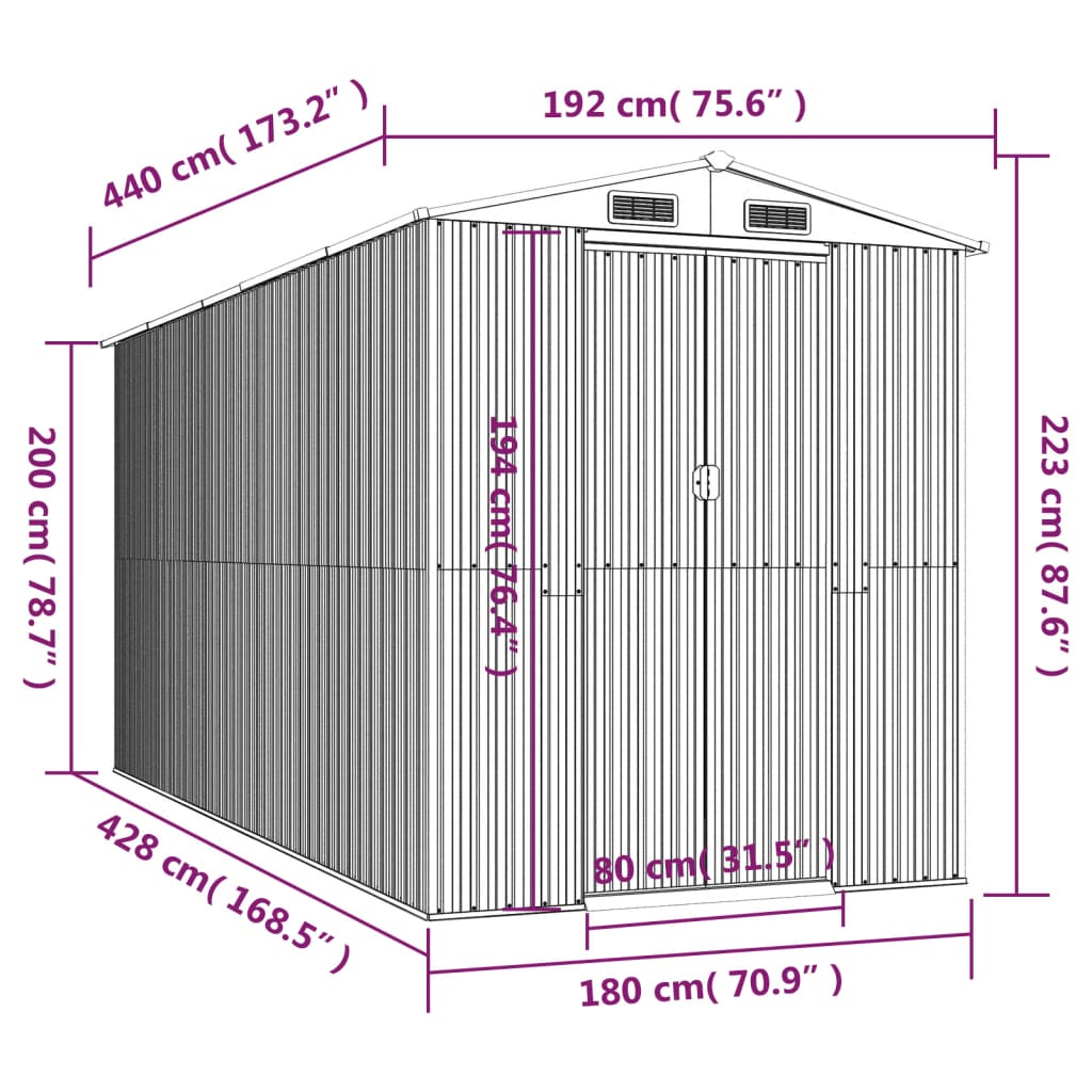 Capanno da Giardino Grigio Chiaro 192x440x223cm Acciaio Zincato
