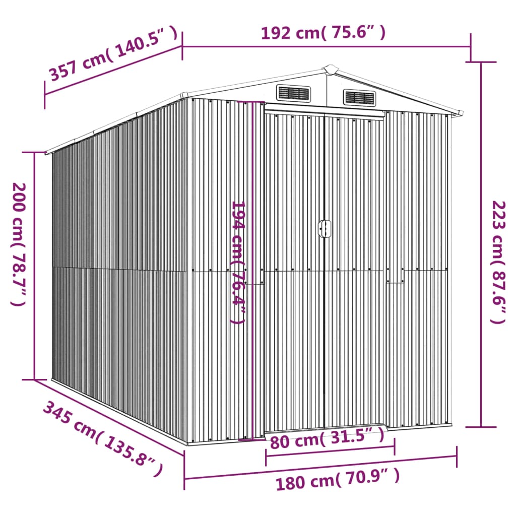 Capanno da Giardino Antracite 192x357x223 cm in Acciaio Zincato