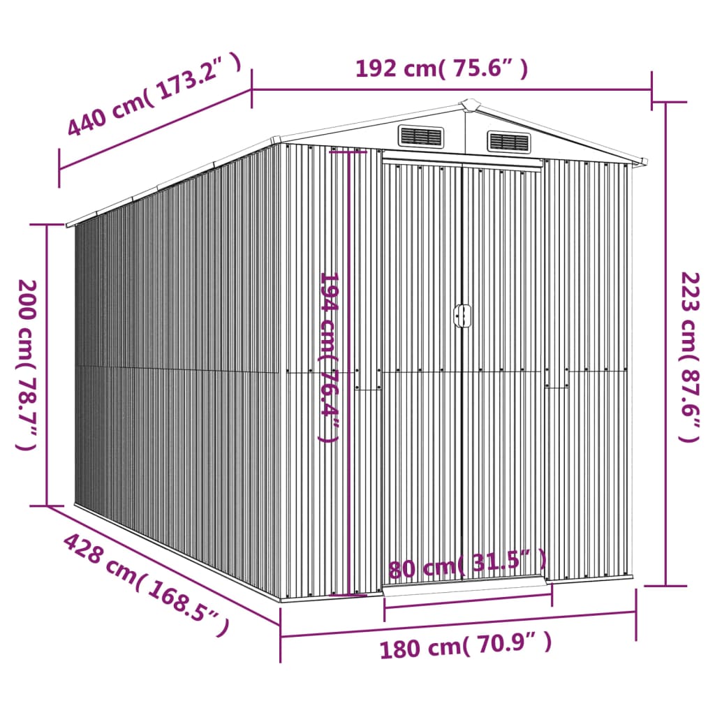 Capanno da Giardino Antracite 192x440x223 cm in Acciaio Zincato