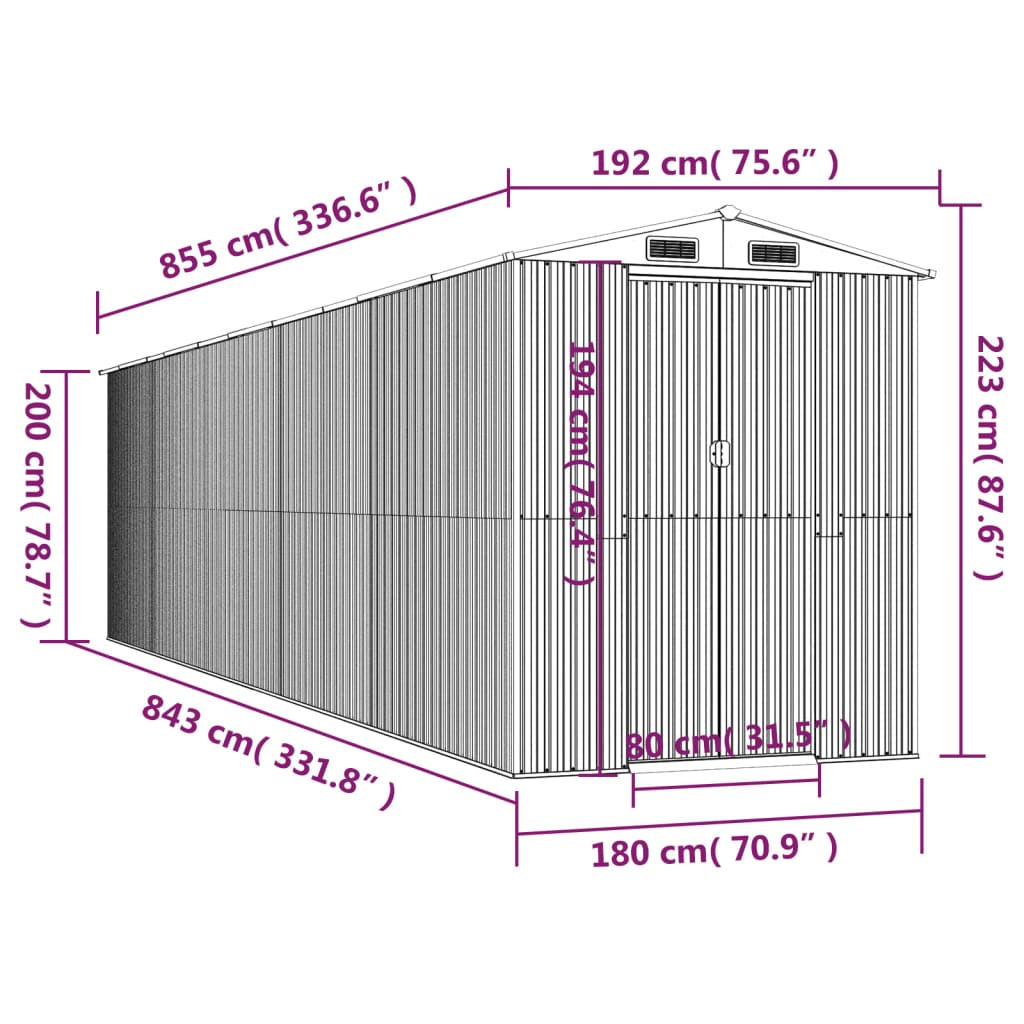 Capanno da Giardino Antracite 192x855x223 cm in Acciaio Zincato