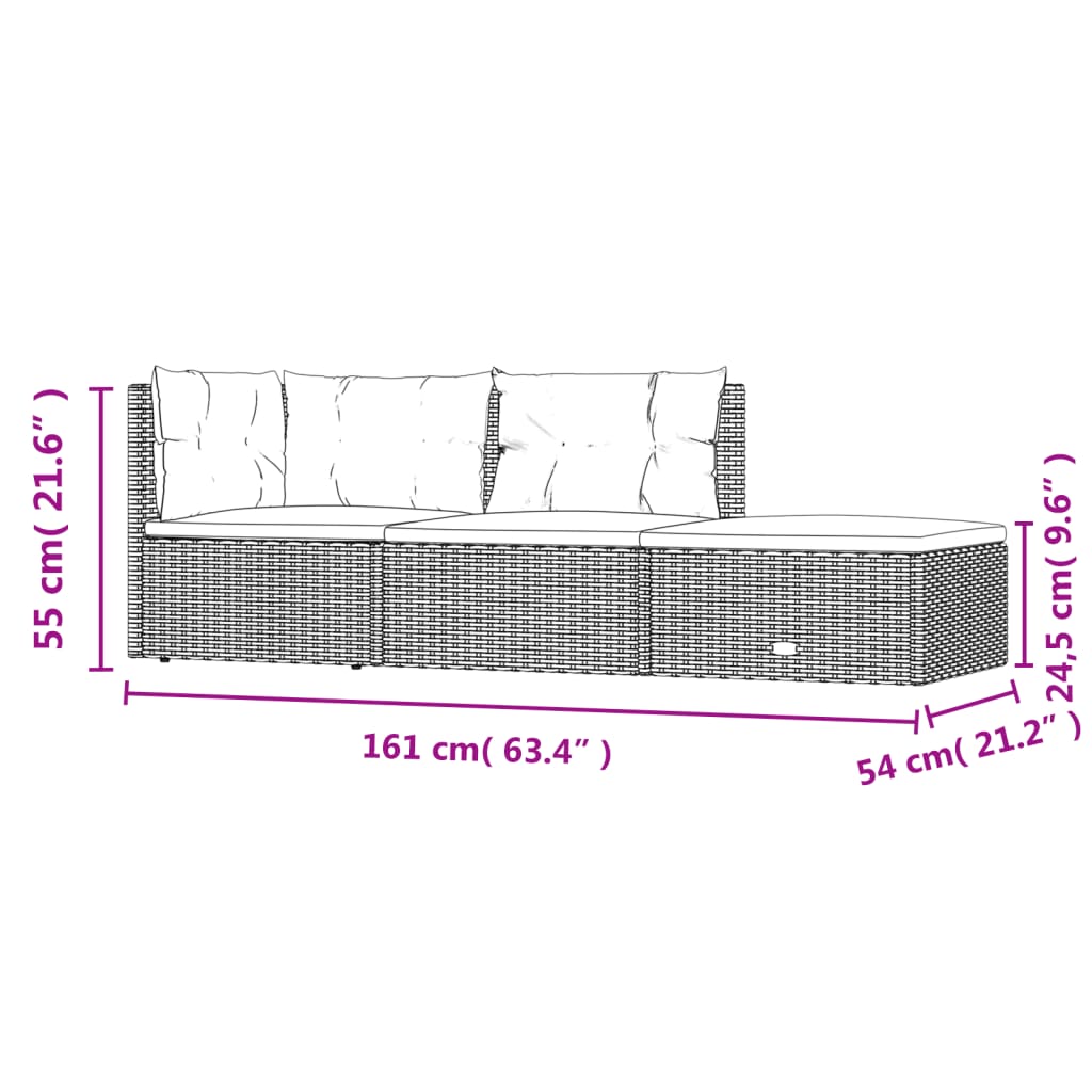 Set Divani da Giardino 3 pz con Cuscini in Polyrattan Grigio