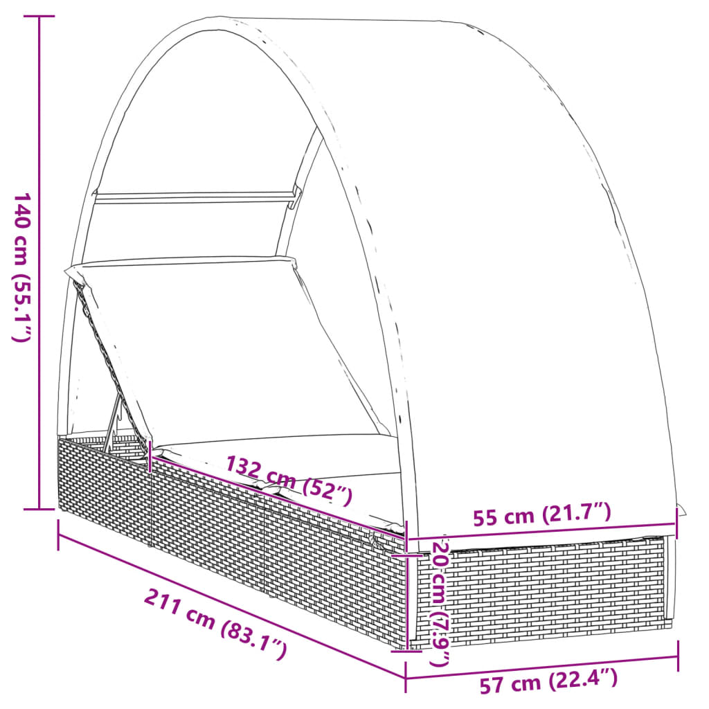 Lettino con Tetto Rotondo Marrone 211x57x140 cm Polyrattan