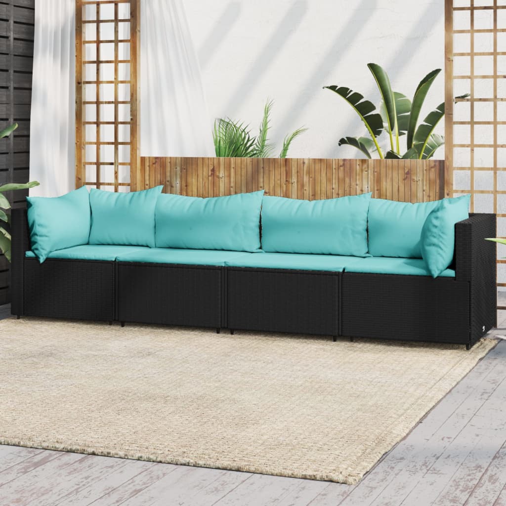 Set Divani da Giardino 4 pz con Cuscini Nero in Polyrattan