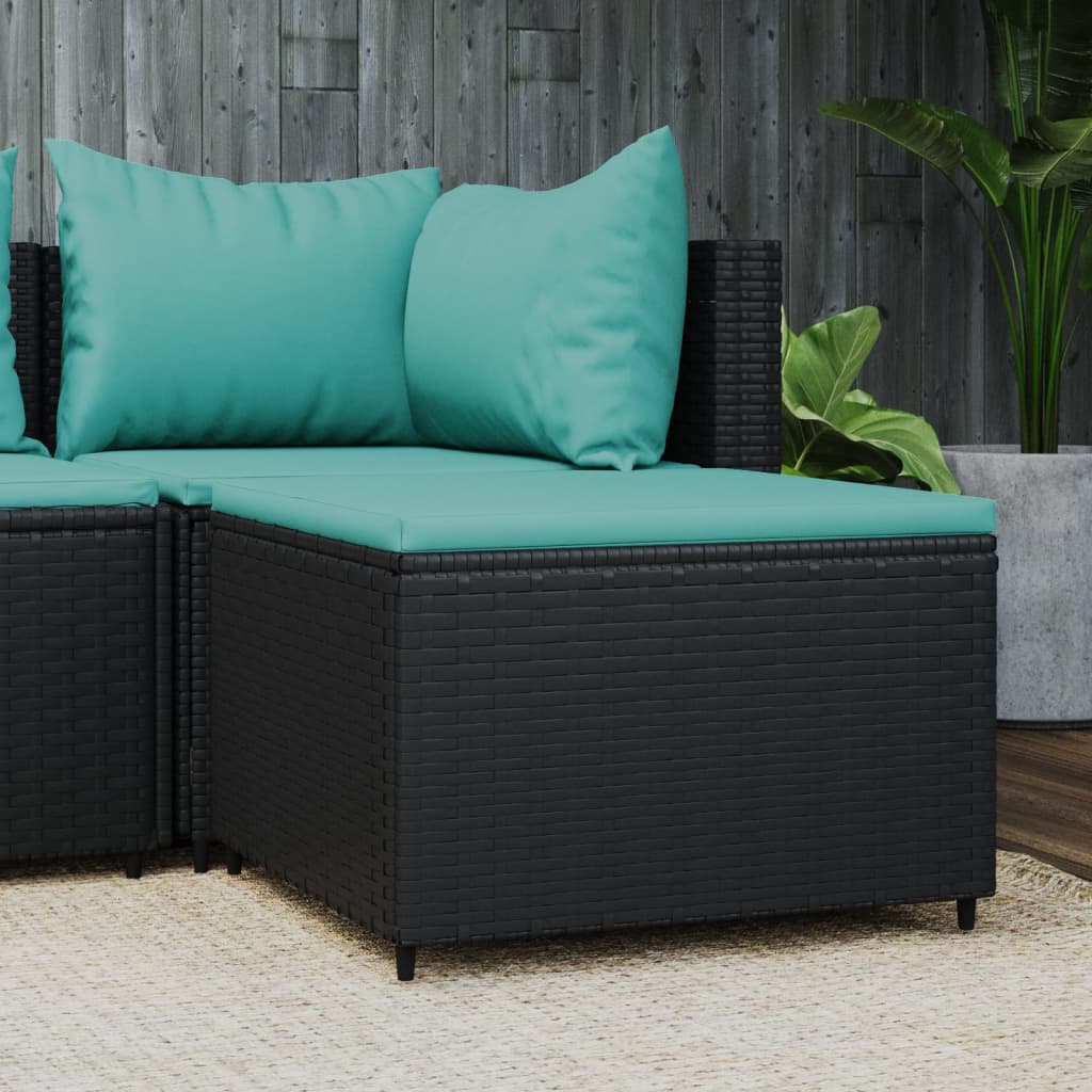 Poggiapiedi da Giardino con Cuscino in Polyrattan Nero