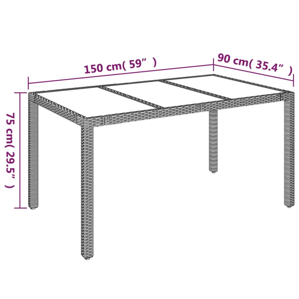 Tavolo da Giardino Piano in Vetro Grigio 150x90x75cm Polyrattan