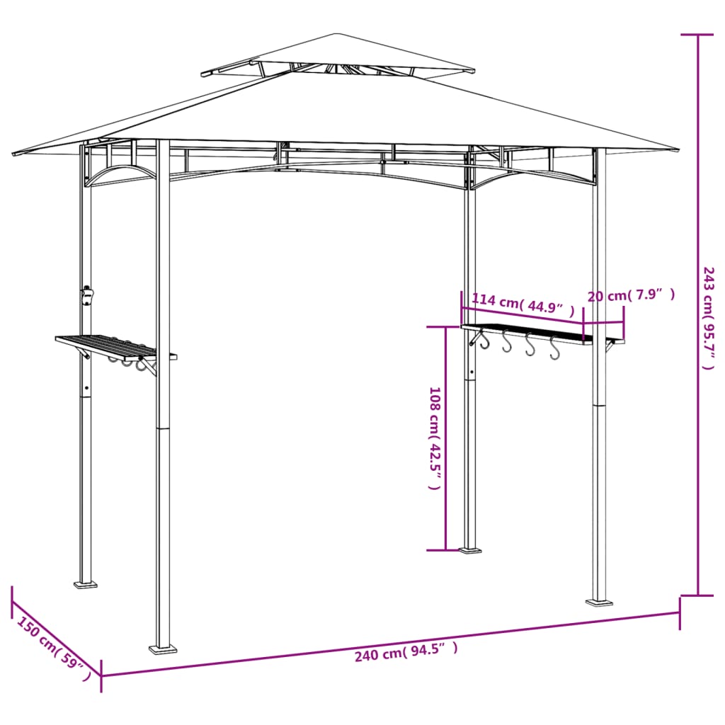 Gazebo Barbecue Ripiani Laterali Antracite 240x150x243 Acciaio