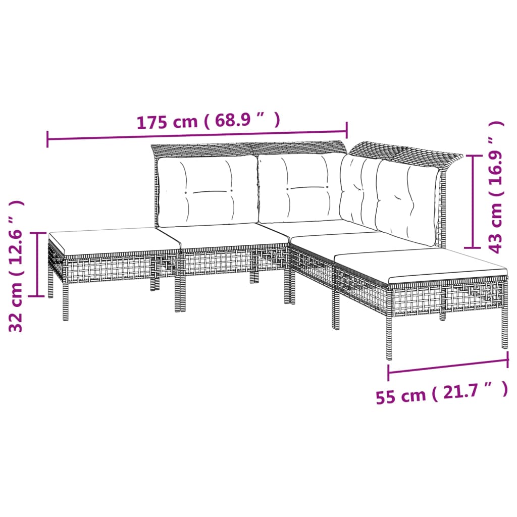 Set Divani da Giardino 5 pz con Cuscini in Polyrattan Grigio