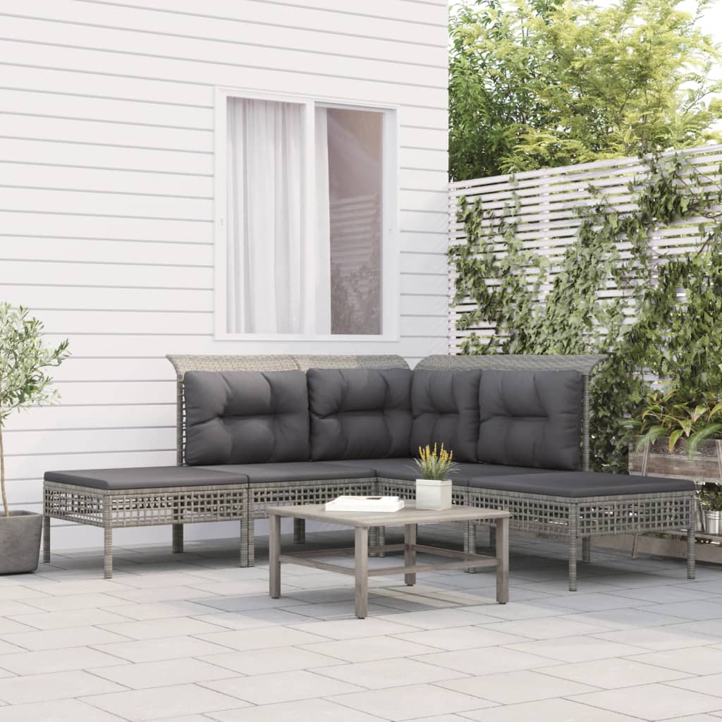 Set Divani da Giardino 5 pz con Cuscini in Polyrattan Grigio