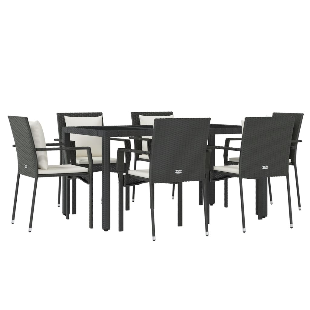 Set da Pranzo da Giardino 7 pz Nero con Cuscini in Polyrattan