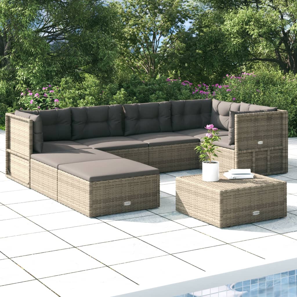 Set Divani da Giardino 7 pz con Cuscini in Polyrattan Grigio