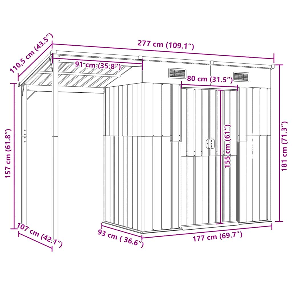 Capanno Giardino Tetto Esteso Marrone 277x107x181cm Acciaio