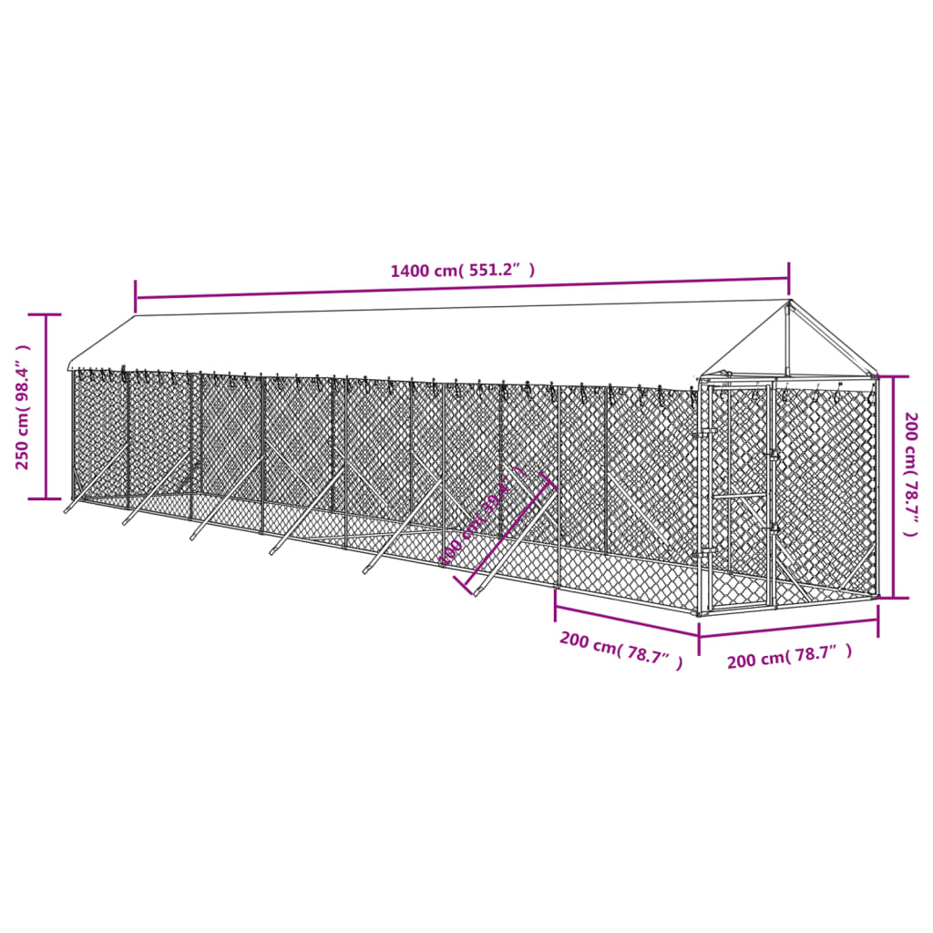 Cuccia Cani da Esterno Tetto Argento 2x14x2,5 m Acciaio Zincato