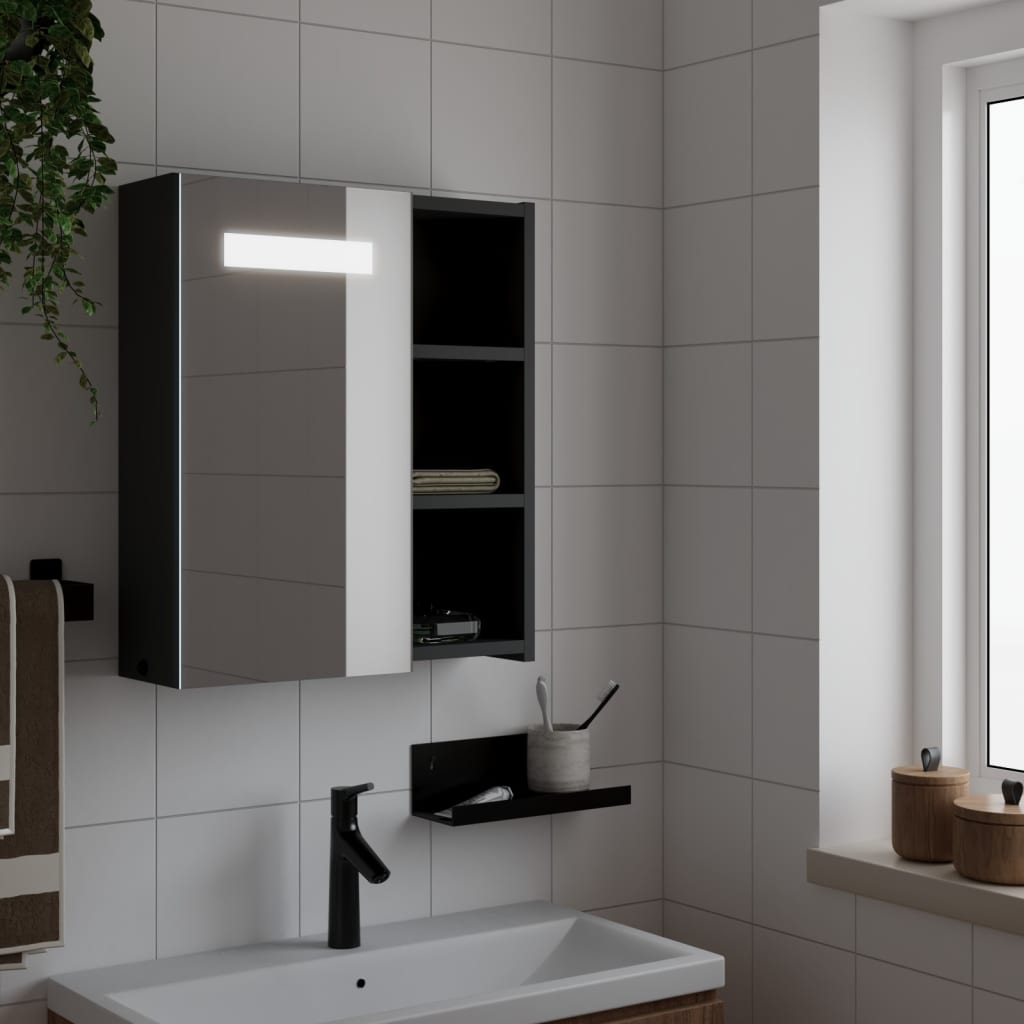 Armadietto Bagno con Specchio e LED Nero 45x13x52 cm