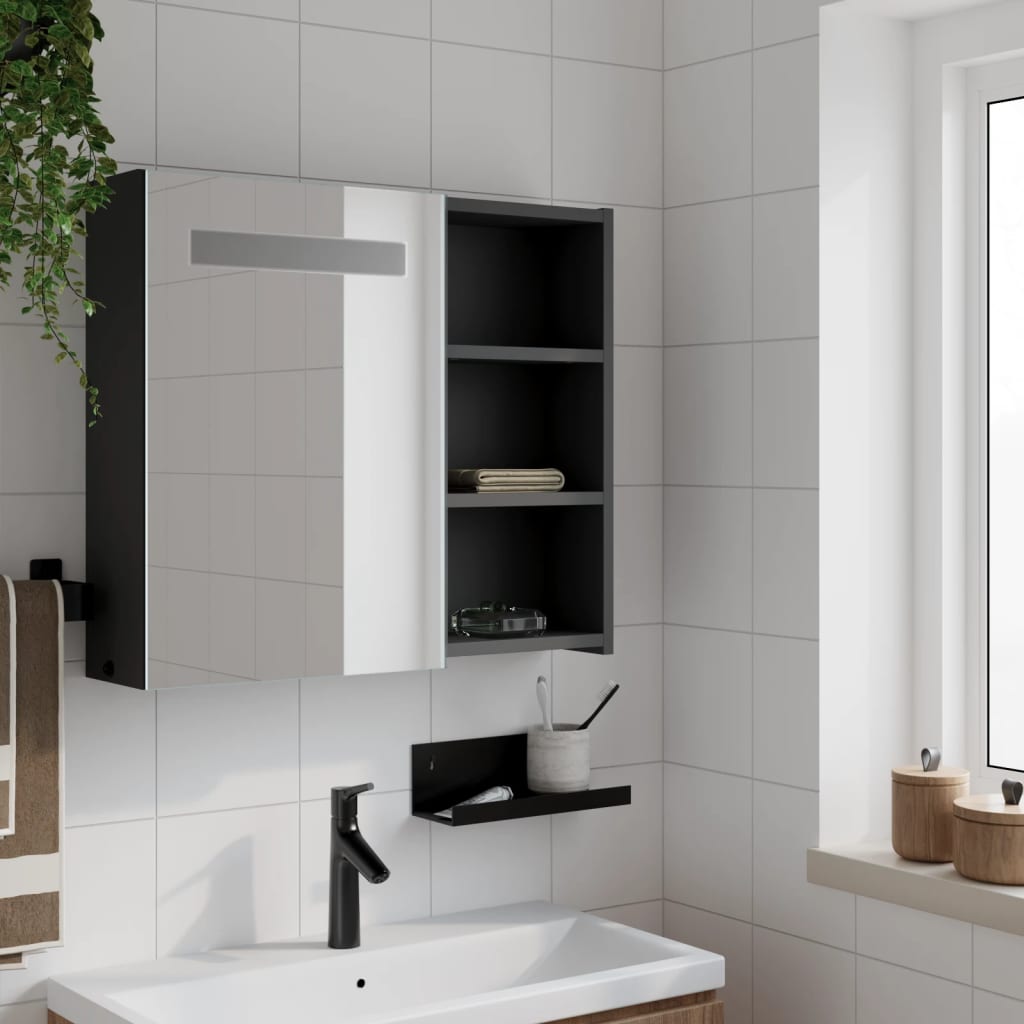 Armadietto Bagno con Specchio e LED Nero 60x13x52 cm