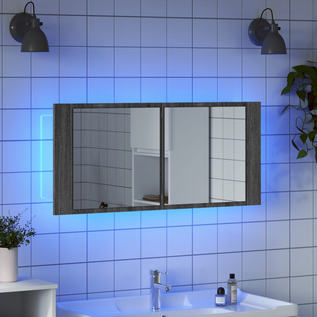 Armadietto Specchio con LED da Bagno Grigio Sonoma 100x12x45 cm