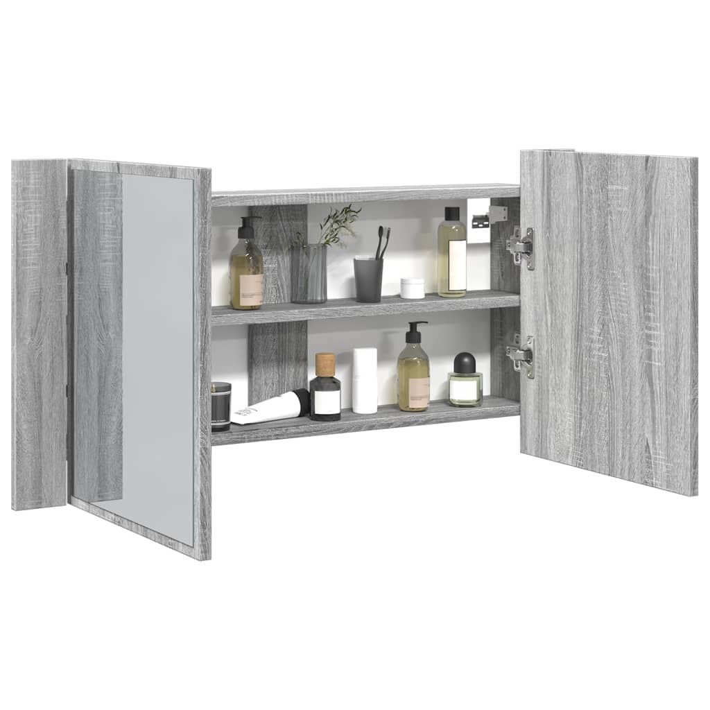 Armadietto a Specchio con LED Grigio Sonoma 90x12x45cm Acrilico