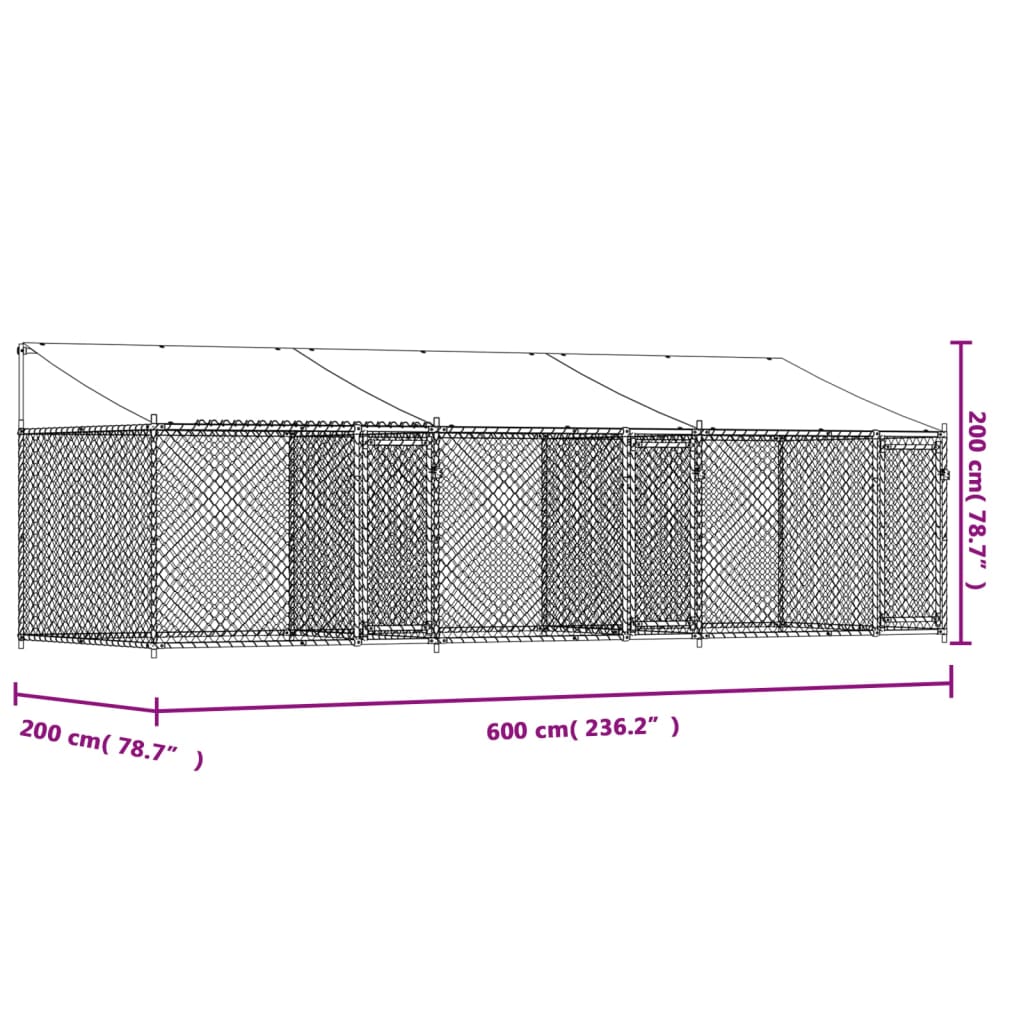 Gabbia Cani con Tetto e Porte Grigia 6x2x2 m in Acciaio Zincato