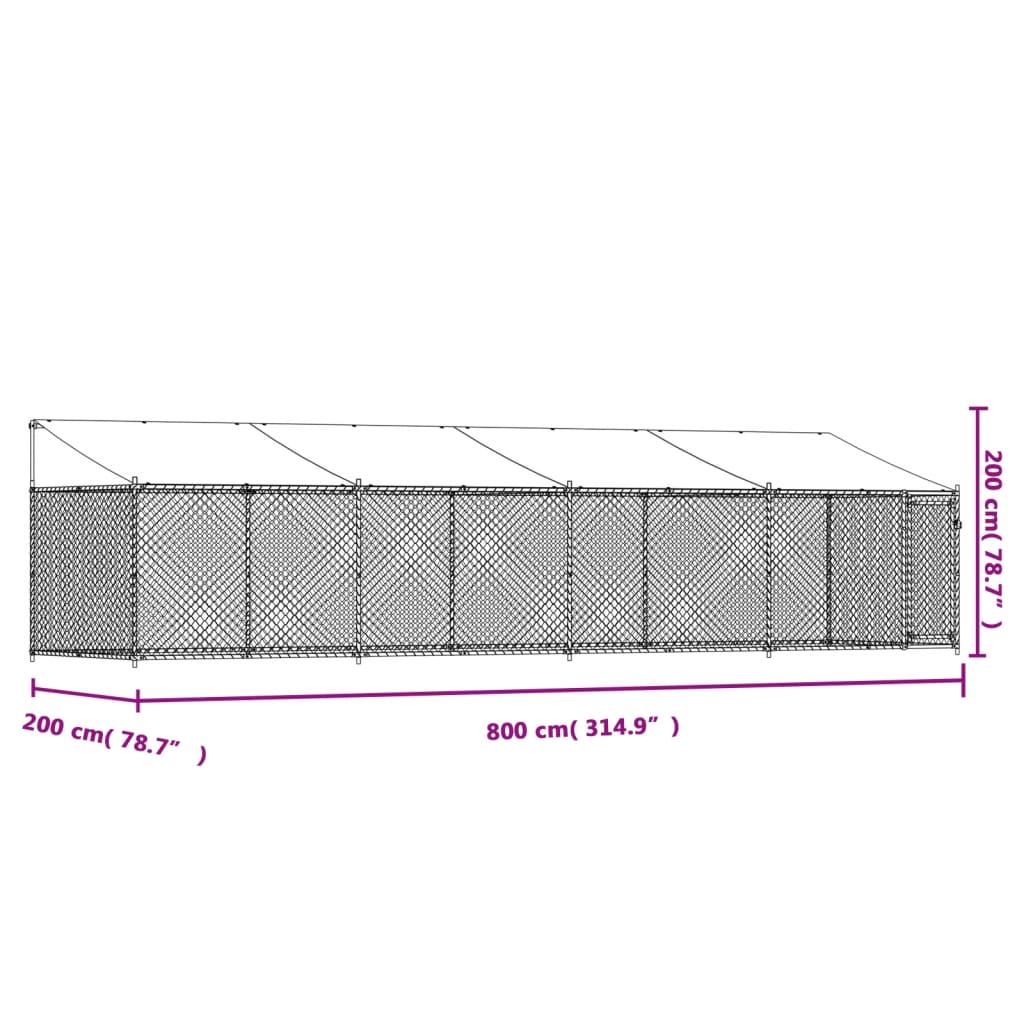 Gabbia Cani con Tetto e Porta Grigia 8x2x2 m in Acciaio Zincato