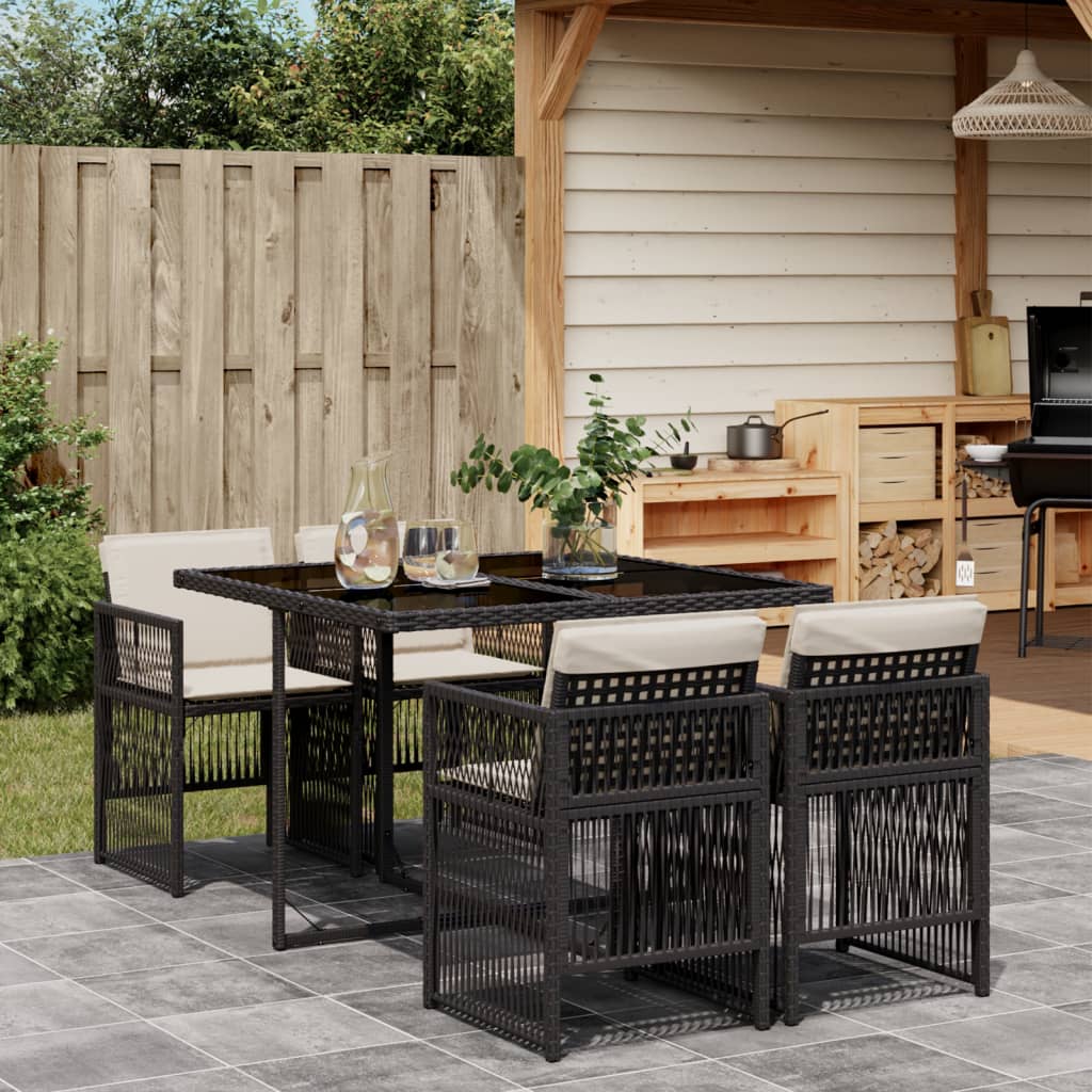 Set da Pranzo da Giardino 5 pz Nero con Cuscini in Polyrattan