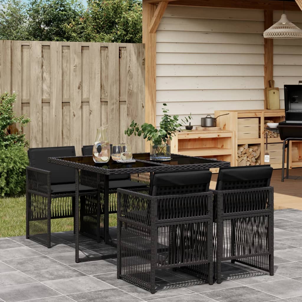 Set da Pranzo da Giardino 5 pz Nero con Cuscini in Polyrattan