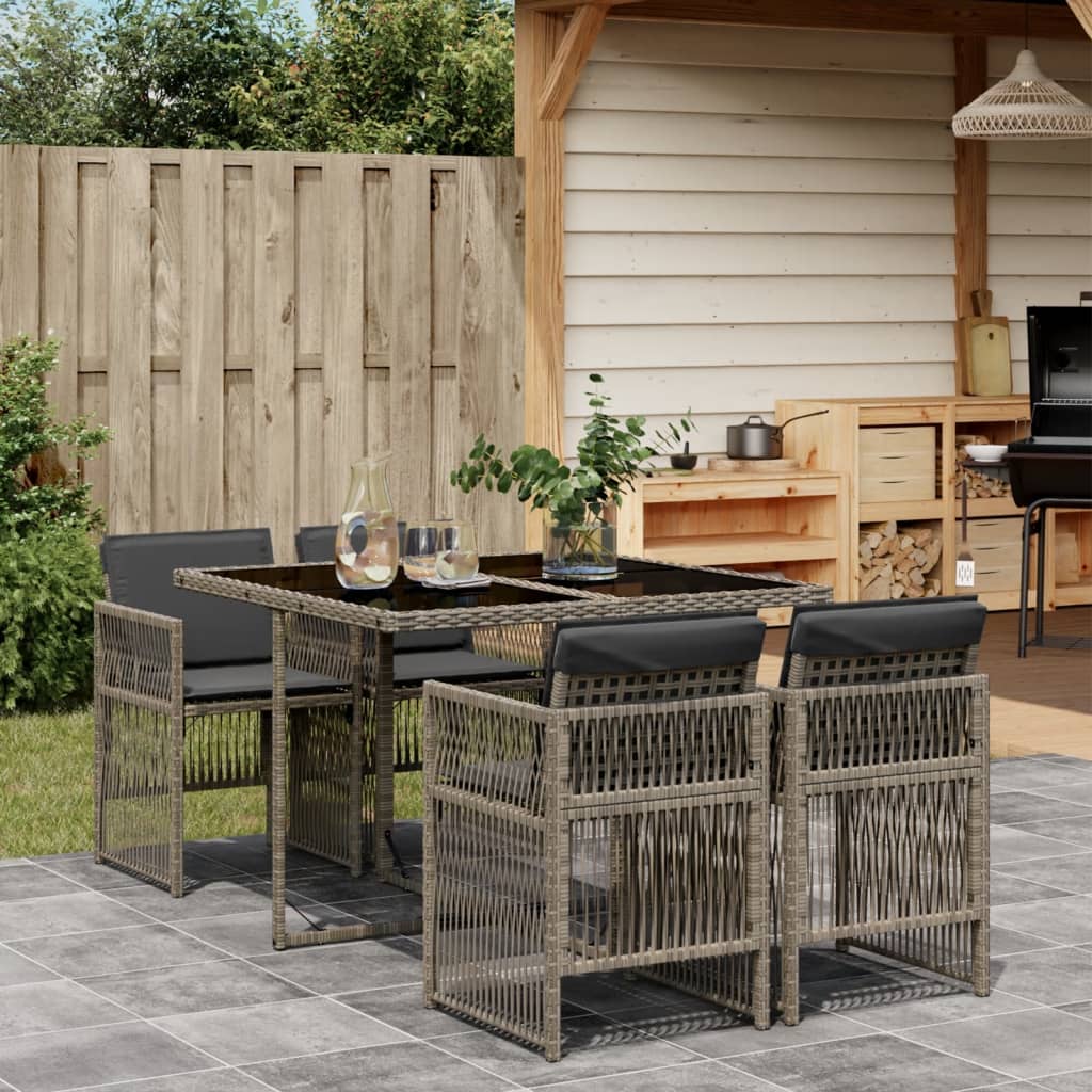 Set da Pranzo da Giardino 5 pz con Cuscini in Polyrattan Grigio