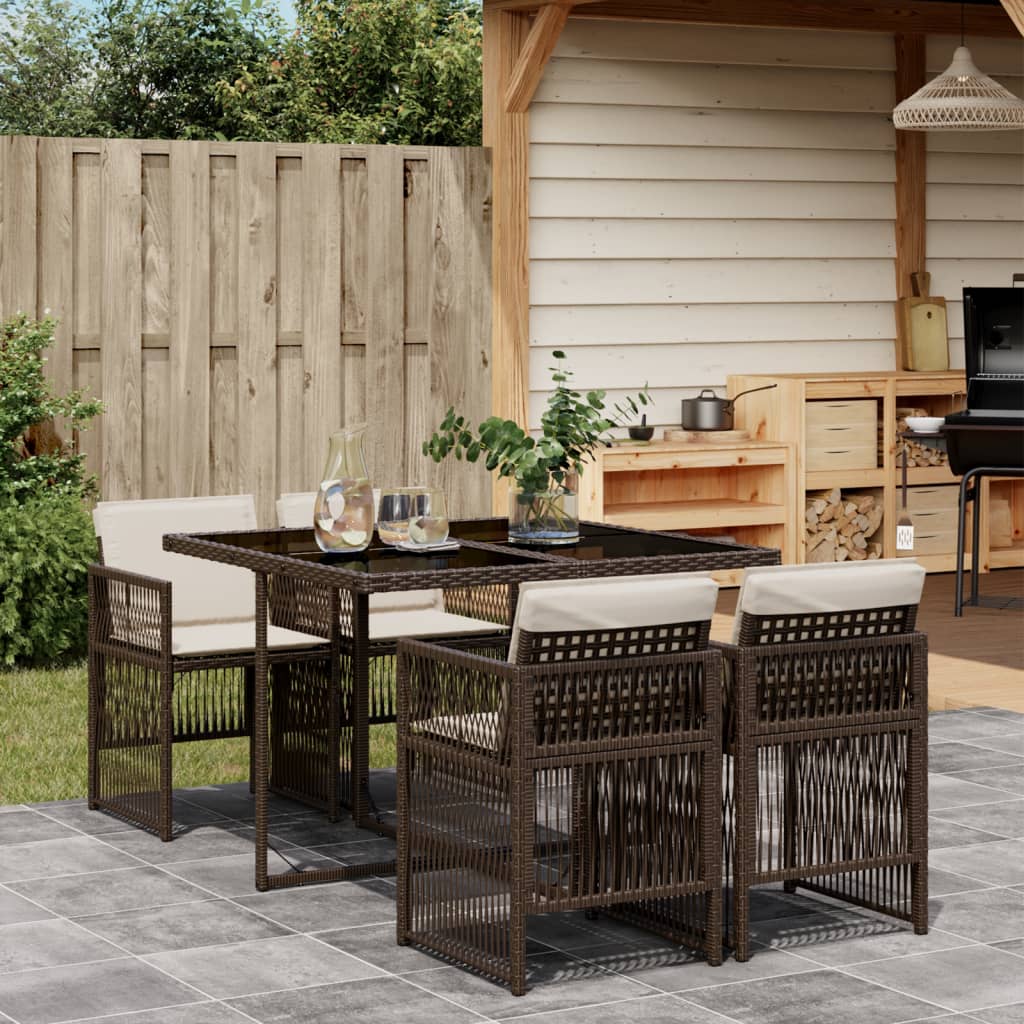 Set da Pranzo da Giardino 5pz con Cuscini in Polyrattan Marrone