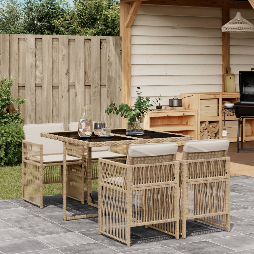 Set da Pranzo da Giardino 5 pz con Cuscini Beige in Polyrattan