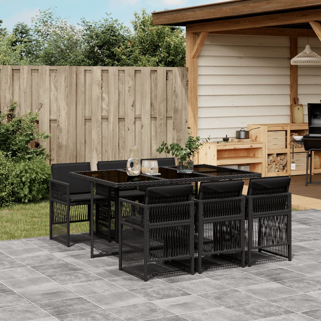 Set da Pranzo da Giardino 7 pz Nero con Cuscini in Polyrattan