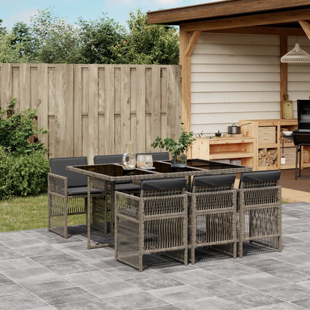 Set da Pranzo da Giardino 7 pz con Cuscini in Polyrattan Grigio