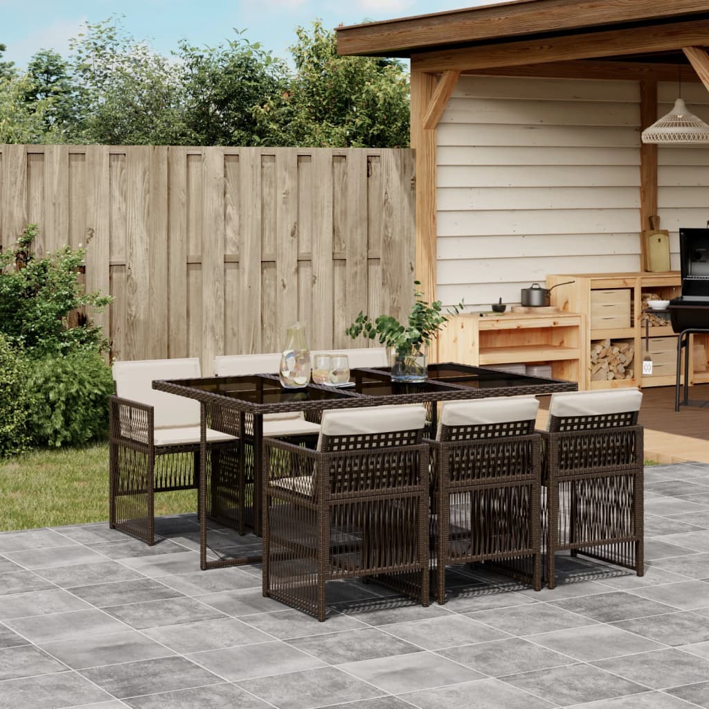 Set da Pranzo da Giardino 7pz con Cuscini in Polyrattan Marrone