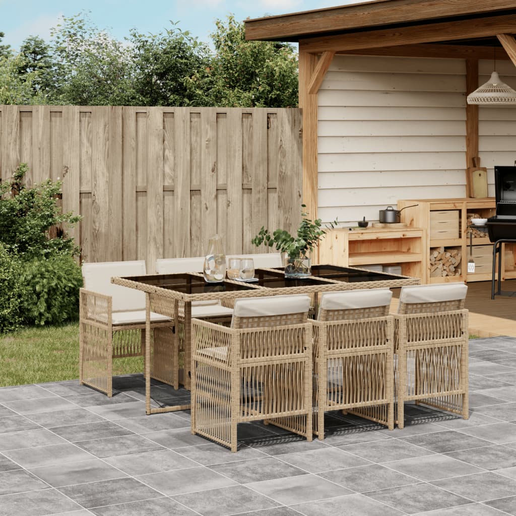 Set da Pranzo da Giardino 7 pz con Cuscini Beige in Polyrattan