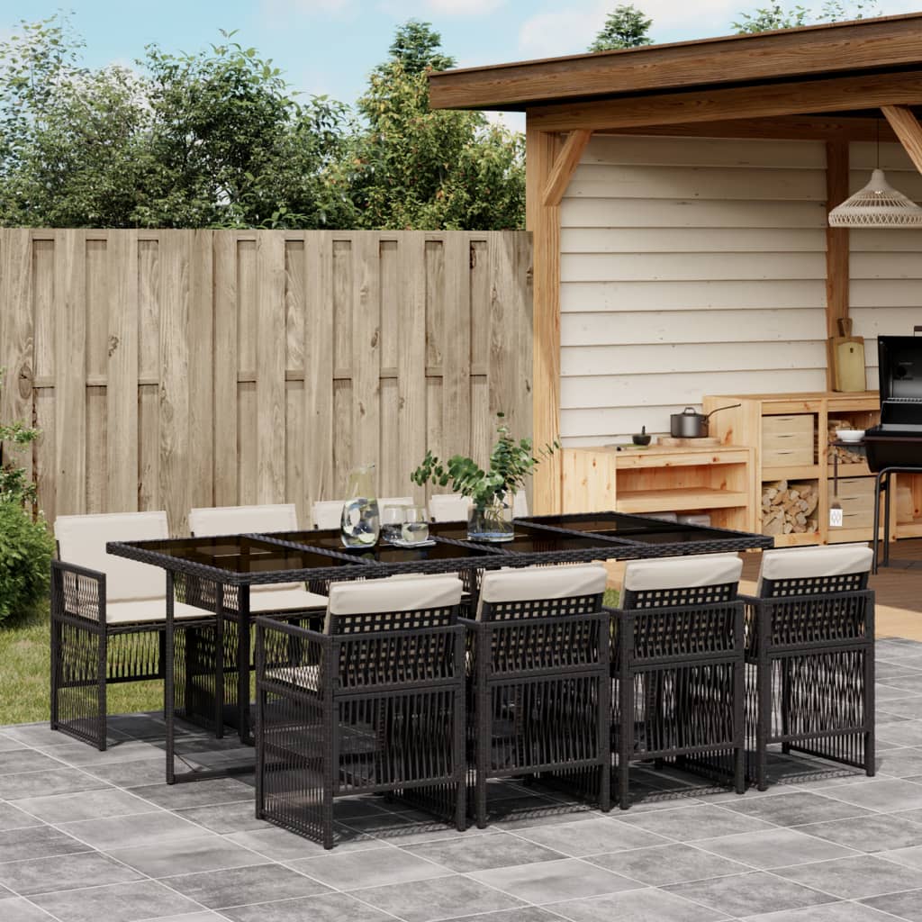 Set da Pranzo da Giardino 9 pz con Cuscini Nero in Polyrattan