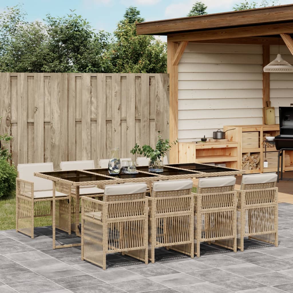 Set da Pranzo da Giardino 9 pz con Cuscini Beige in Polyrattan