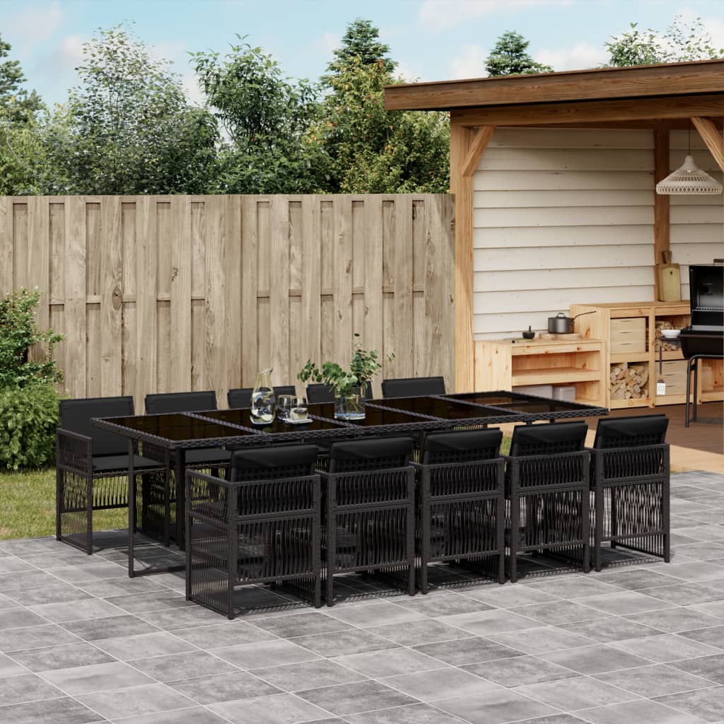 Set da Pranzo da Giardino 11 pz con Cuscini in Polyrattan Nero