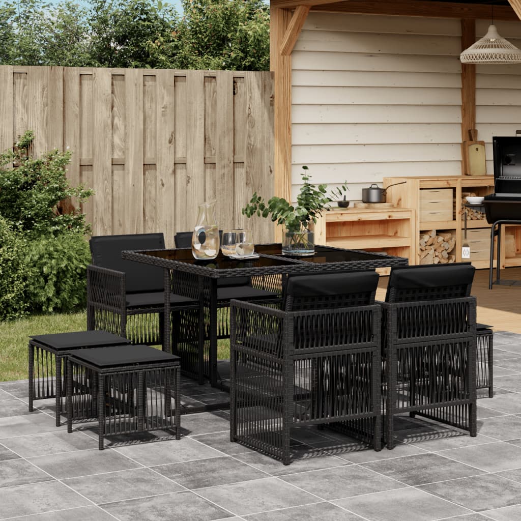 Set da Pranzo da Giardino 9 pz con Cuscini Nero in Polyrattan