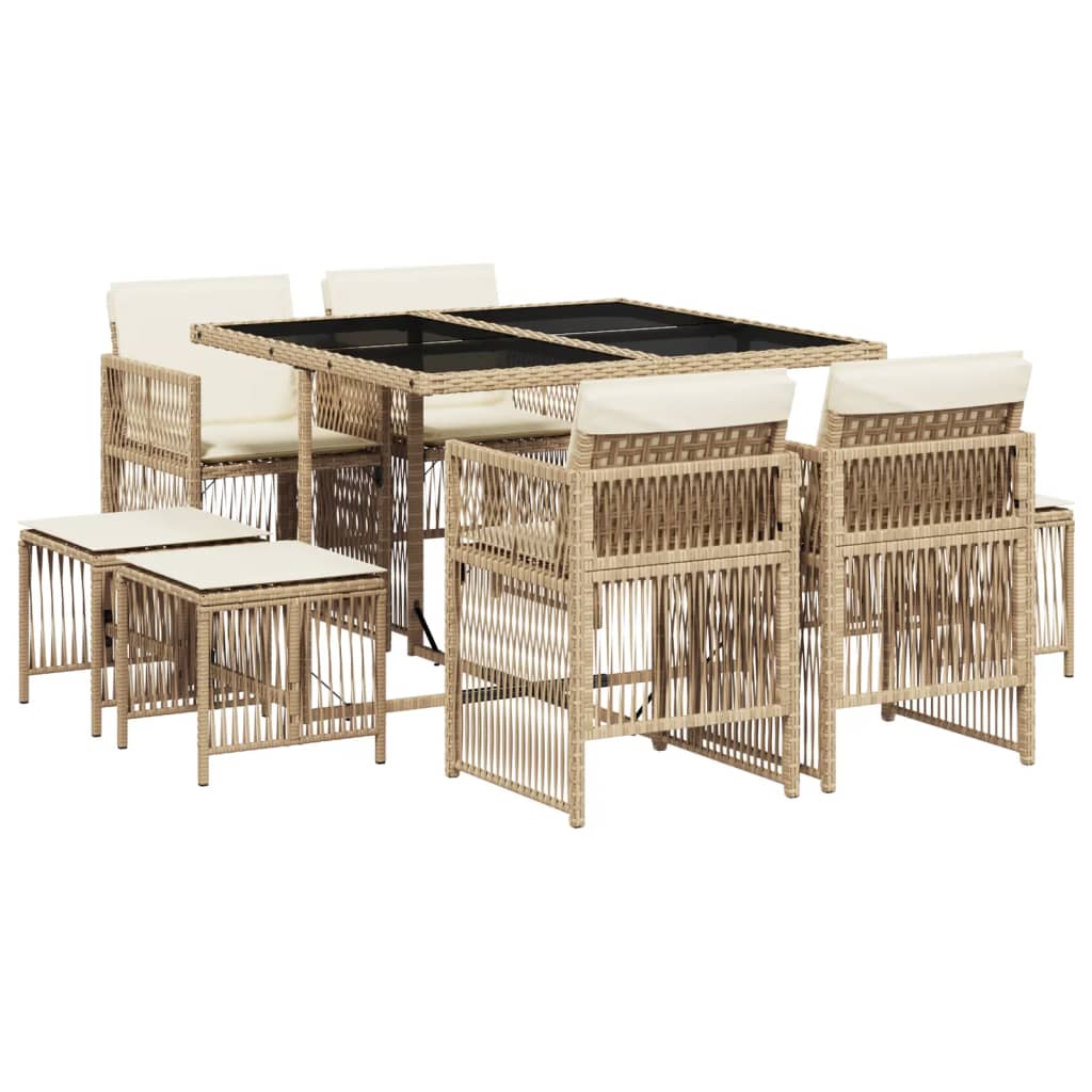 Set da Pranzo da Giardino 9 pz con Cuscini Beige in Polyrattan