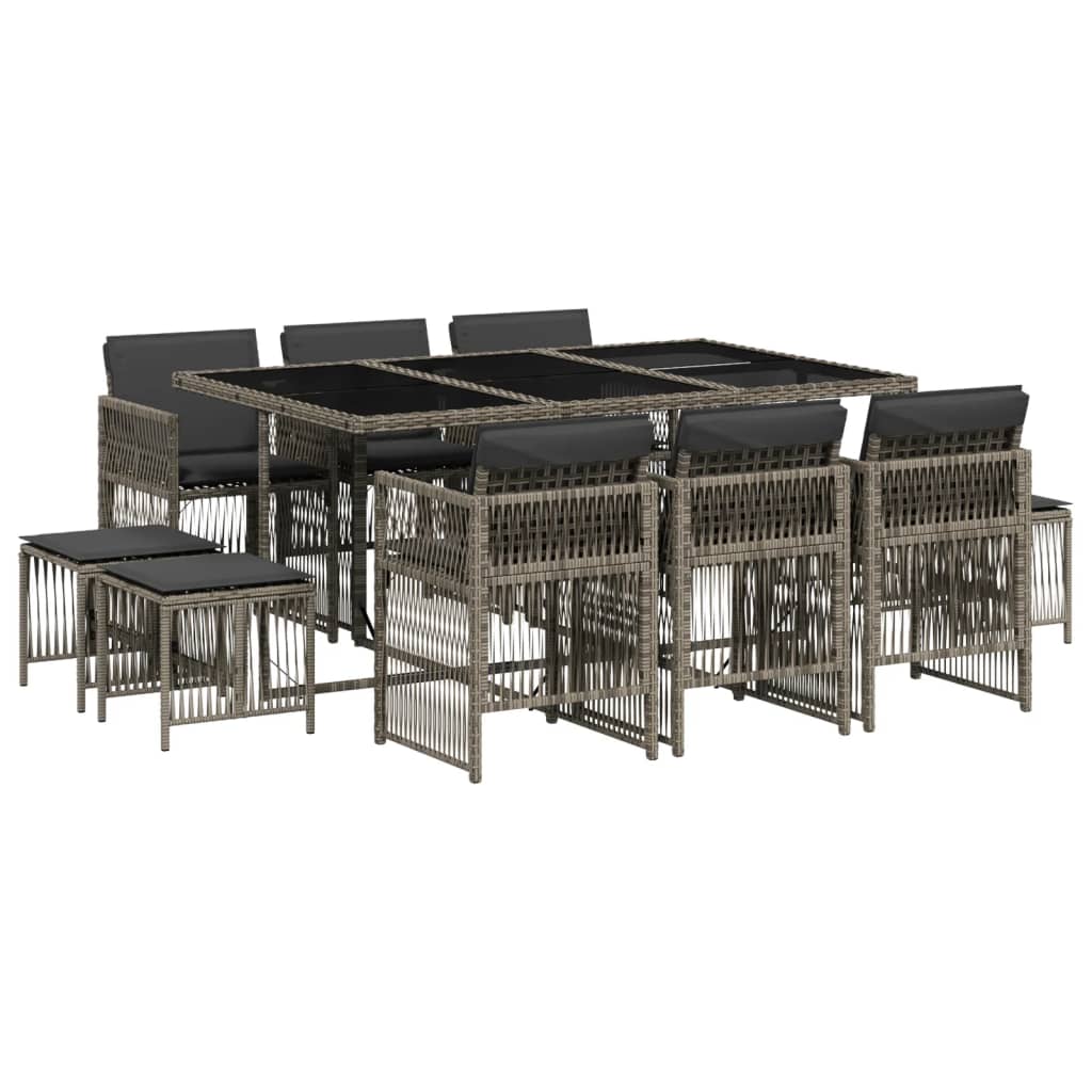 Set da Pranzo da Giardino 11pz con Cuscini in Polyrattan Grigio