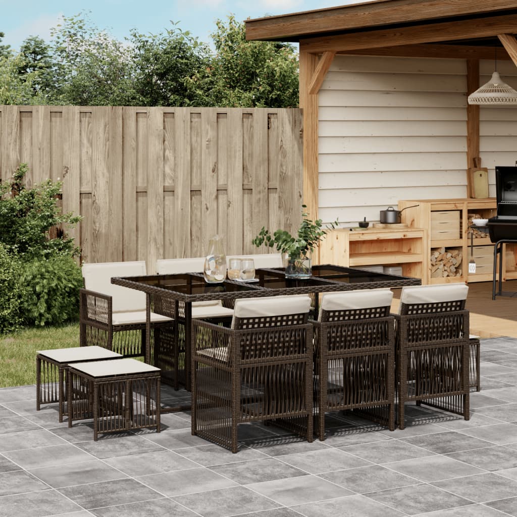 Set da Pranzo da Giardino 11 pz con Cuscini Polyrattan Marrone