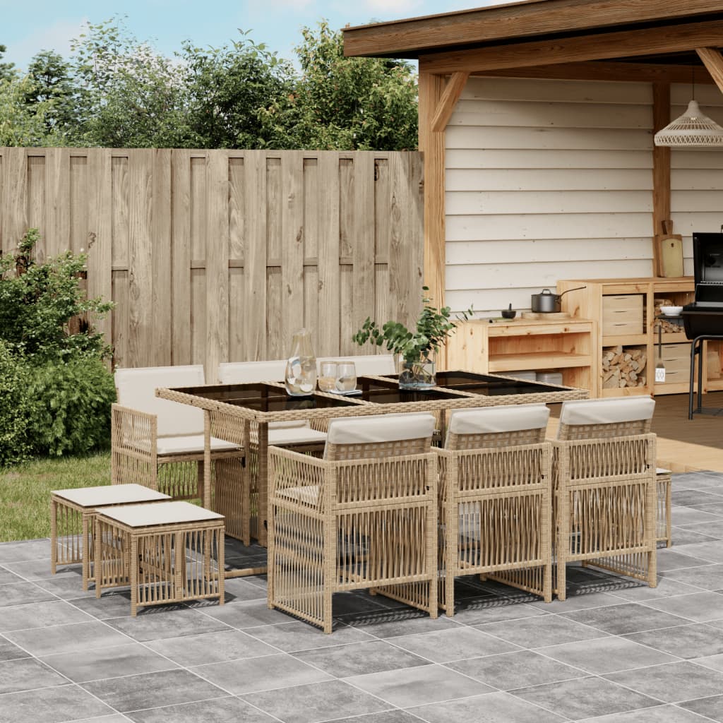 Set da Pranzo da Giardino 11 pz con Cuscini Beige in Polyrattan