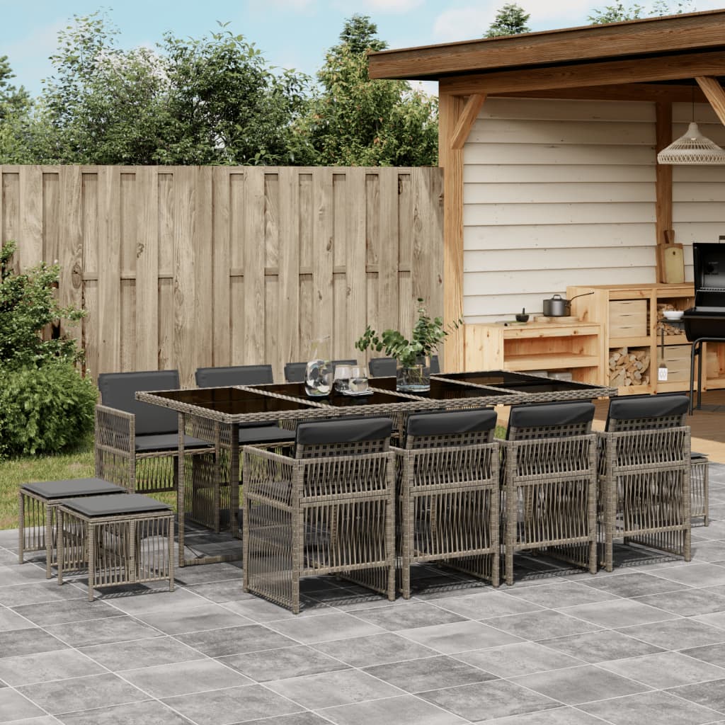 Set da Pranzo da Giardino 13pz con Cuscini Grigio in Polyrattan