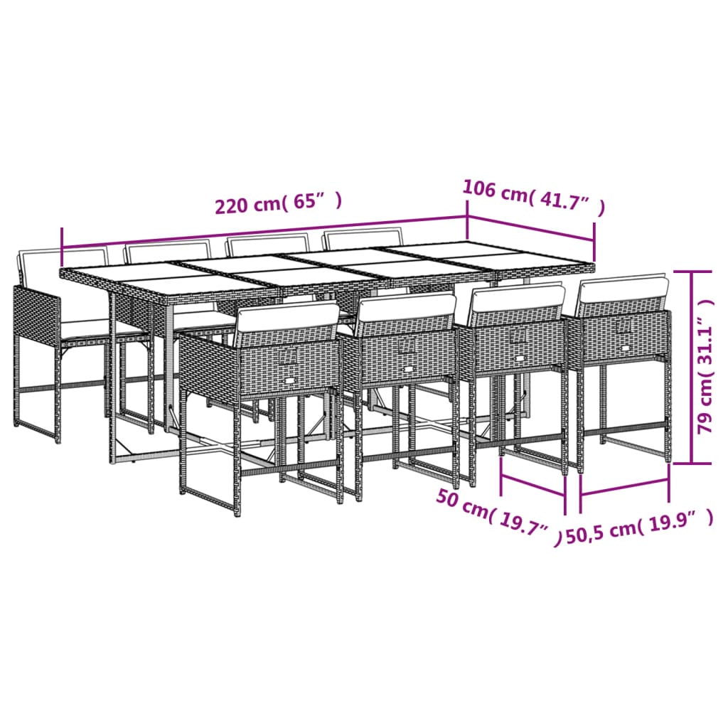 Set da Pranzo da Giardino 9 pz con Cuscini Nero in Polyrattan