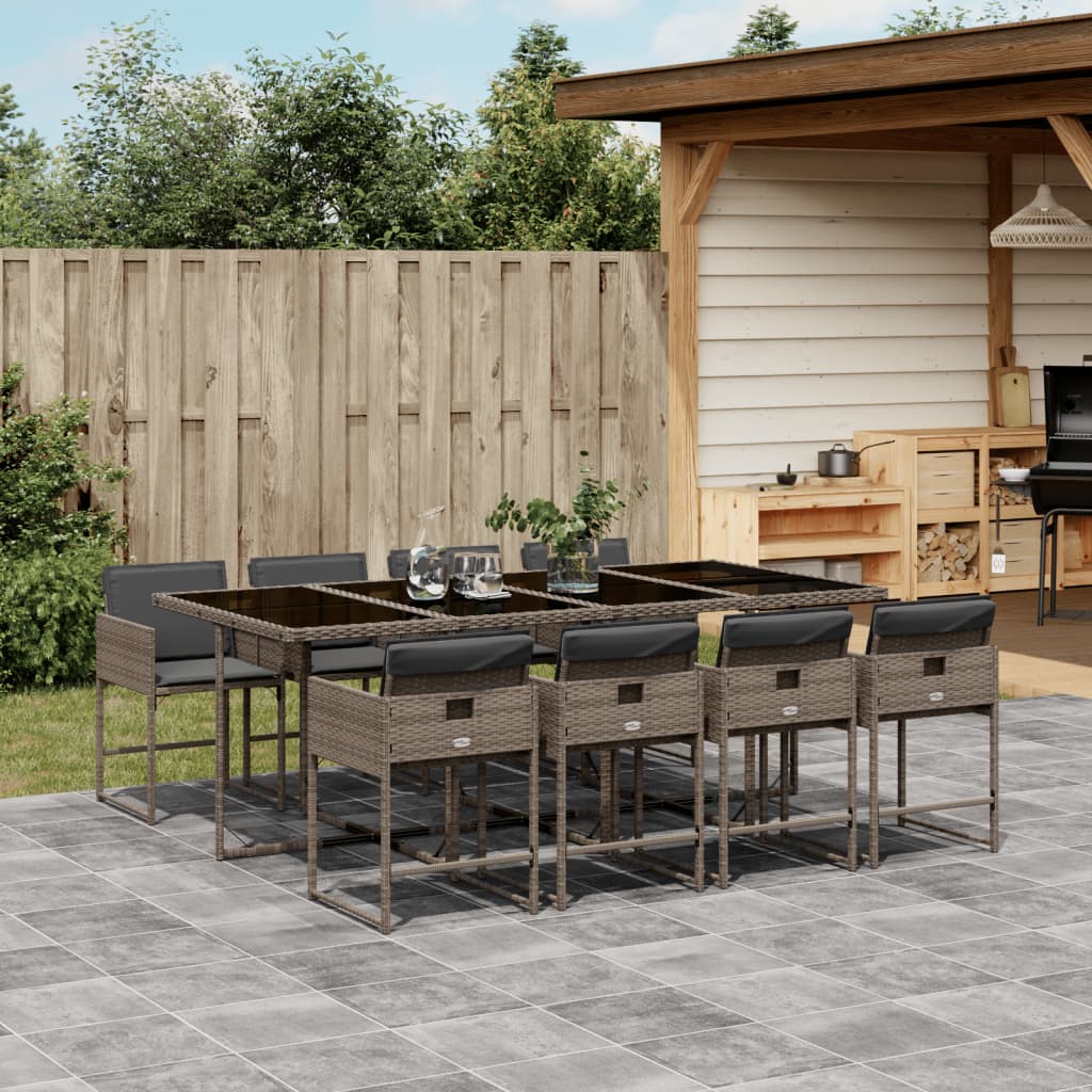 Set da Pranzo da Giardino 9 pz con Cuscini in Polyrattan Grigio