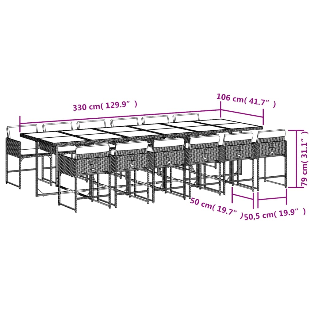 Set da Pranzo da Giardino 13pz con Cuscini Marrone Polyrattan