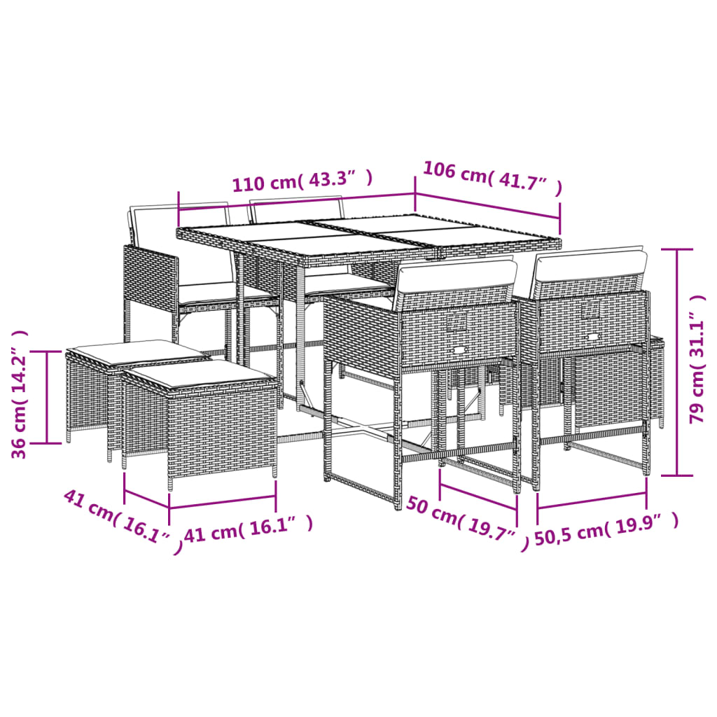 Set da Pranzo da Giardino 9 pz con Cuscini Beige in Polyrattan