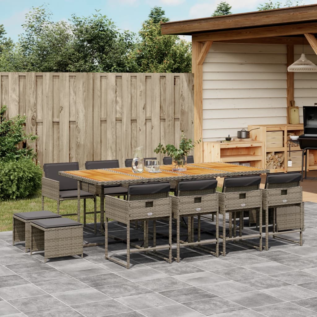 Set da Pranzo da Giardino 13pz con Cuscini Grigio in Polyrattan